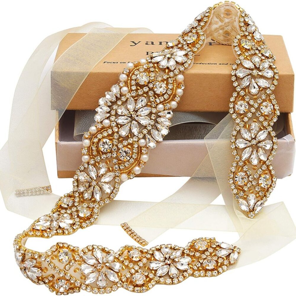 Bridal Belt Hand Rhinestone Wedding Belt Clear Crystal 22In Length with White Or